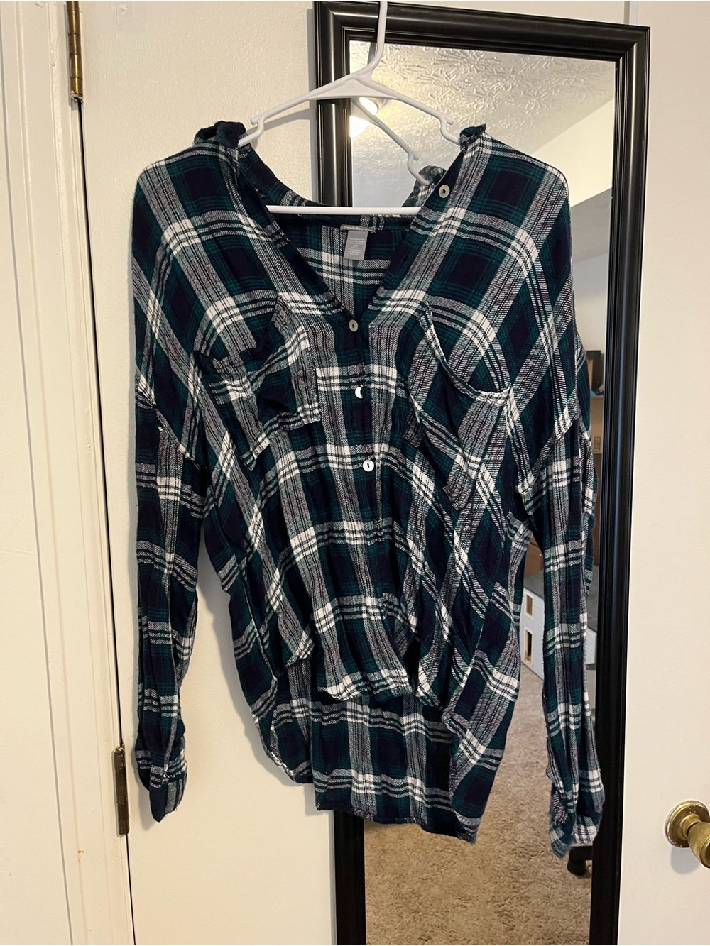 Dark Teal & Black Plaid Button-Up Hooded Shirt